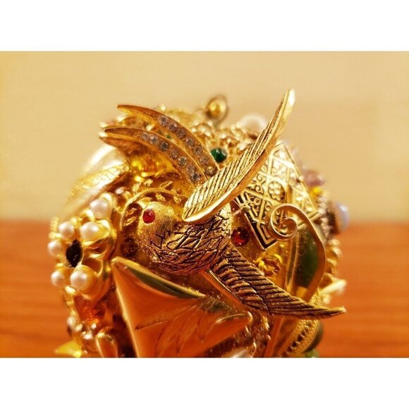 Unique Jeweled Holiday Ornament Bird Floral Christmas Handcrafted Vintage Jewels - Picture 2 of 7